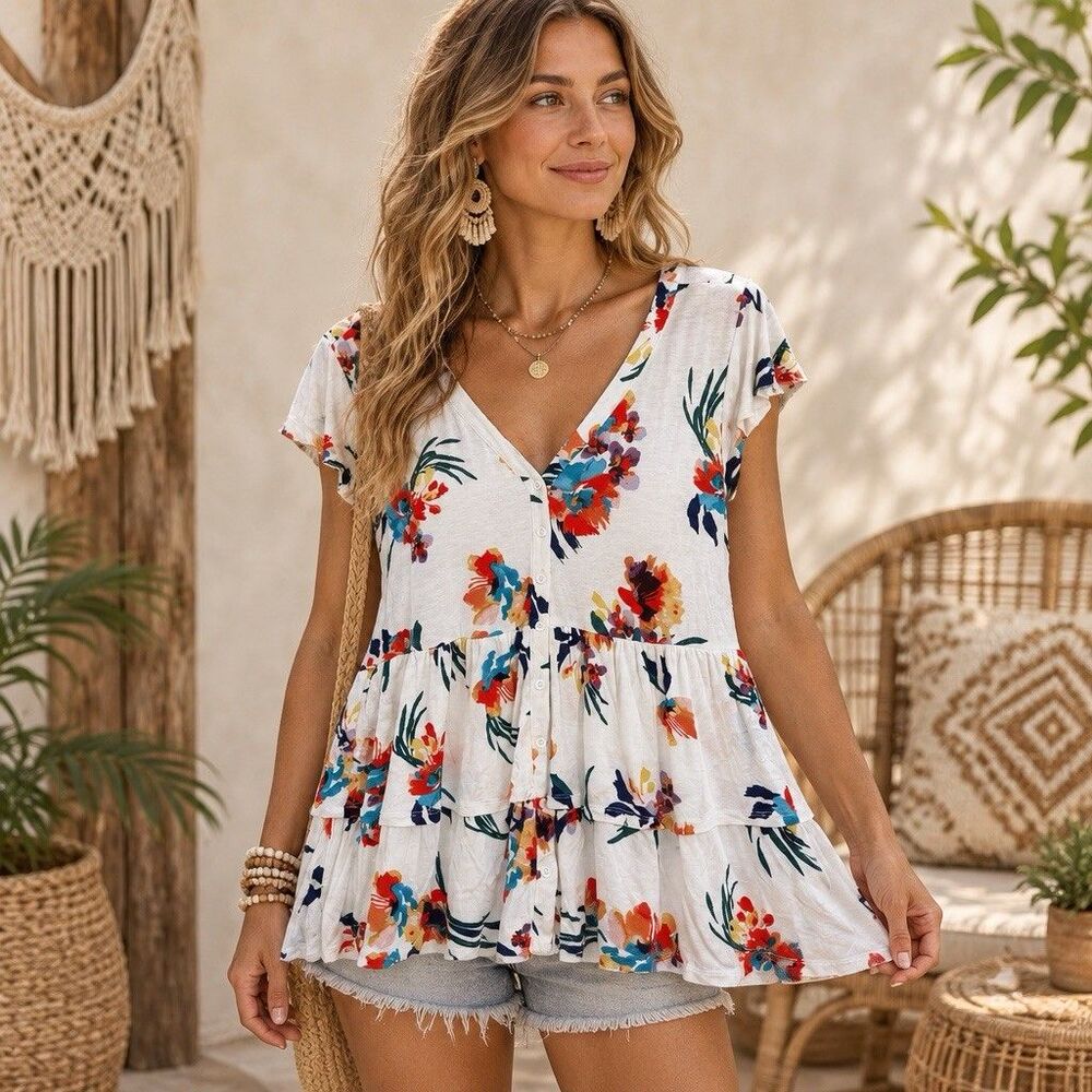 Torrid Super Soft Size 1X Peplum Top White Multicolor Floral Babydoll Tunic